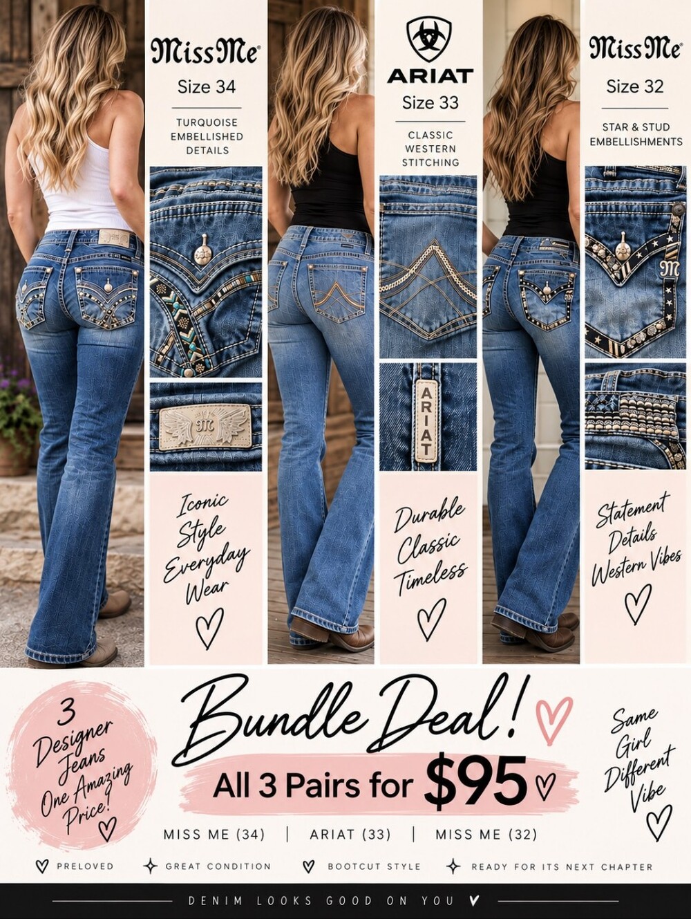 Bundle: Miss Me & Ariat Boot Cut Jeans Trio - Light Blue
